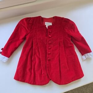Red Velvet Coat with Lace Cuffs 2T Vintage